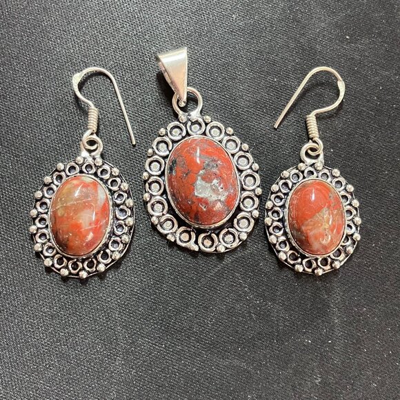Red Brecciated Jasper Stone Crystal Earrings and Pendant Jewelry Set - Picture 1 of 6